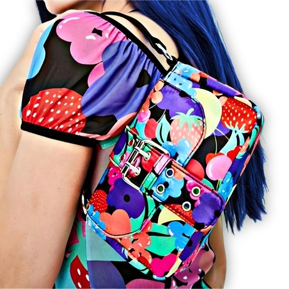 Current Mood ✦ Fruit Print Shoulder Bag ✦ Red Black Y2K Graphic Silver Buckle - Picture 1 of 13